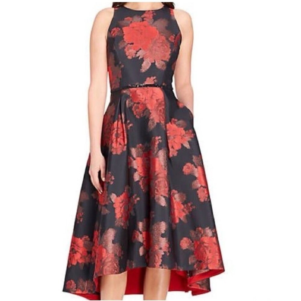 Tahari Levine Dress Ruby Red Black 8 Hi Low Semi Formal Party Holiday